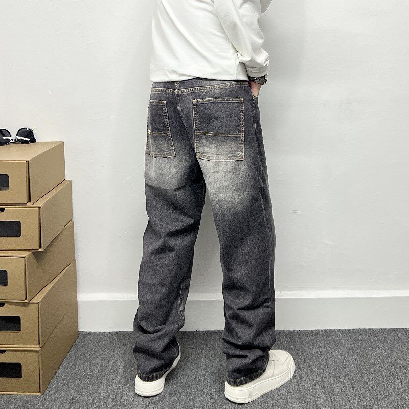 美式高街水洗复古直筒牛仔裤男宽松国潮烟灰色显瘦休闲微喇叭长裤