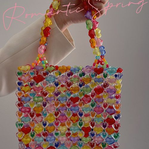 小蔻果冻爱心包彩色串珠diy材料包女手工编织包包2021新款手提包