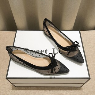 仙女风波点网纱尖头平底鞋女2023春夏季新款百搭透气浅口包头凉鞋