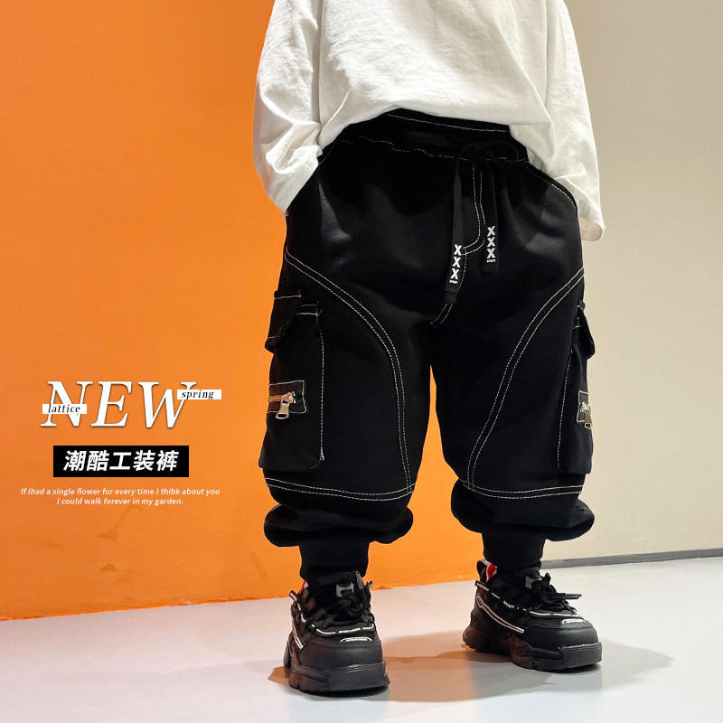 男童秋冬款工装裤2023新款儿童套装潮酷帅气束口裤宝宝百搭黑色长