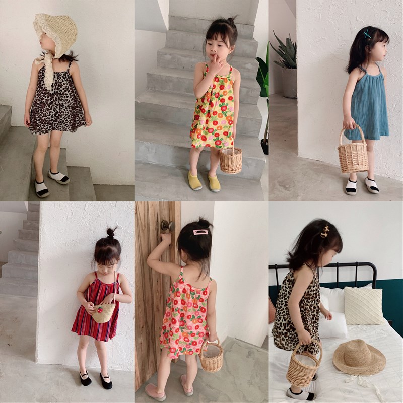 2021女童吊带裙夏季花朵裙子背心裙连衣裙豹纹条纹白底碎花韩版