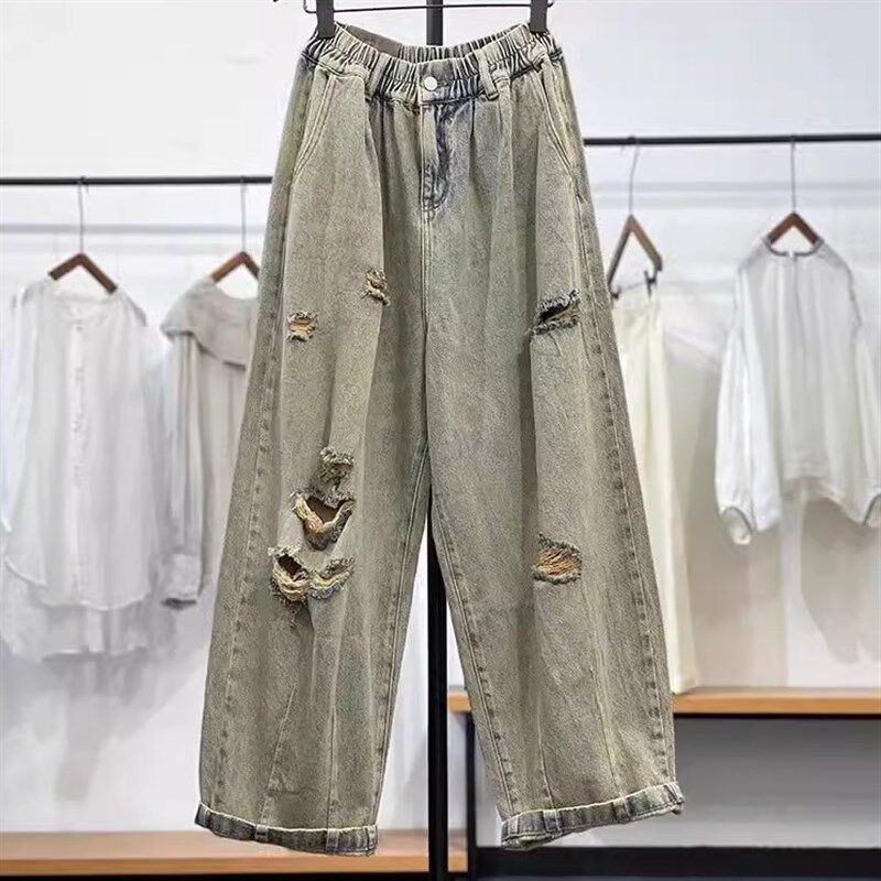 300斤日系复古做旧破洞牛仔弯刀裤男女夏大码美式显瘦薄款阔腿裤