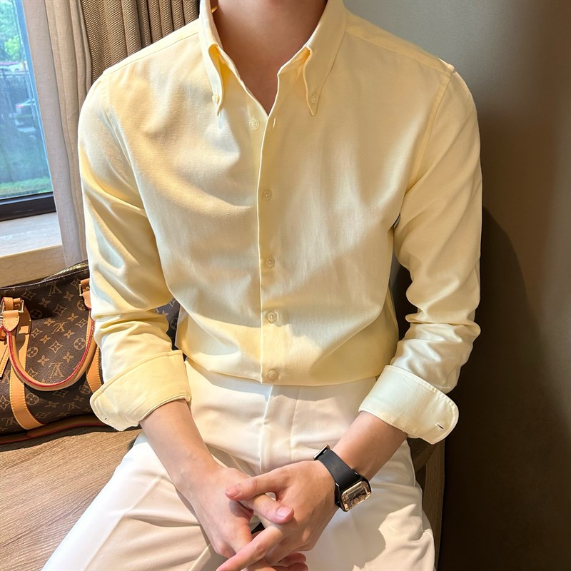 韩版休闲修身纯色大方扣领简约男衬衣牛津纺港风复古时尚轻熟衬衫