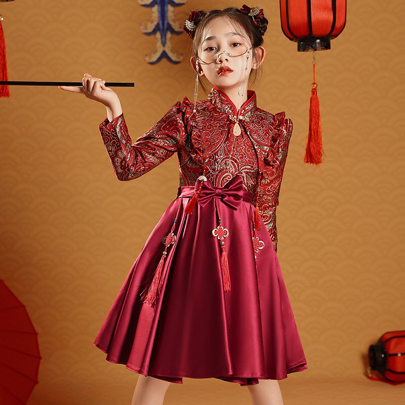 女童旗袍拜年服新年红色儿童过年衣服中国风小女孩新中式唐装秋冬