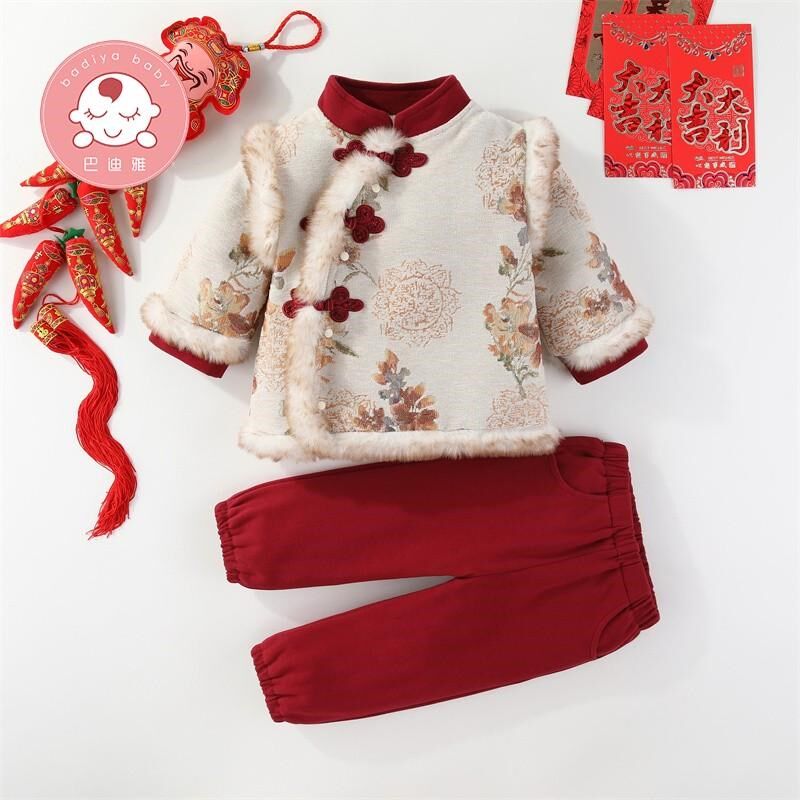 拜年服女童汉服套装秋季冬装加绒女宝宝周岁礼服百天婴儿过年衣服