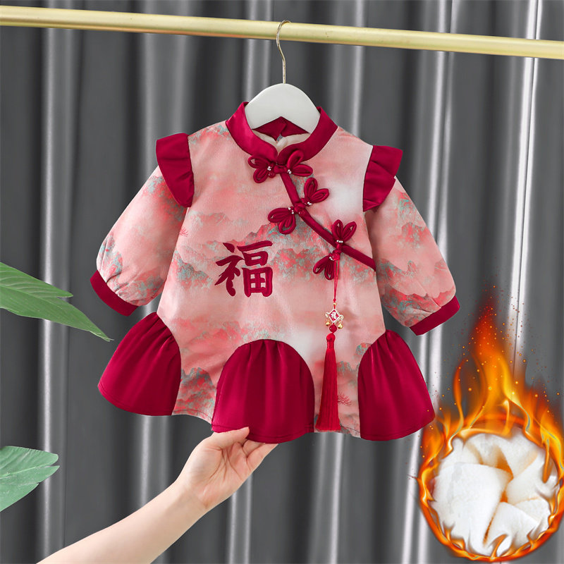 女童冬装拜年服宝宝汉服唐装周岁礼服旗袍儿童中国风加绒古装裙子