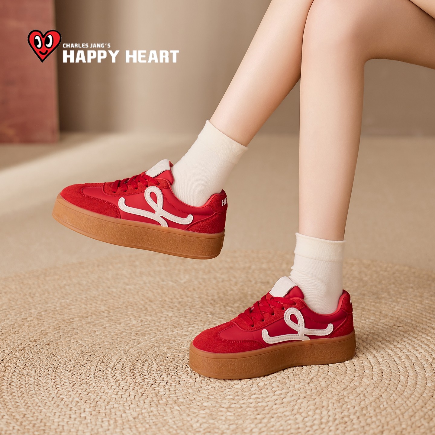 查尔斯桃心2026春新款红色鞋子本命年厚底增高女款德训鞋女鞋板鞋