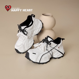 女款 白色女鞋 2025冬季 增高运动鞋 子 新款 查尔斯桃心厚底加绒老爹鞋