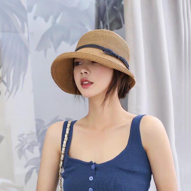 UPF50++帽子女韩版潮百搭原宿风卷边蝴蝶结可折叠遮阳草帽防晒