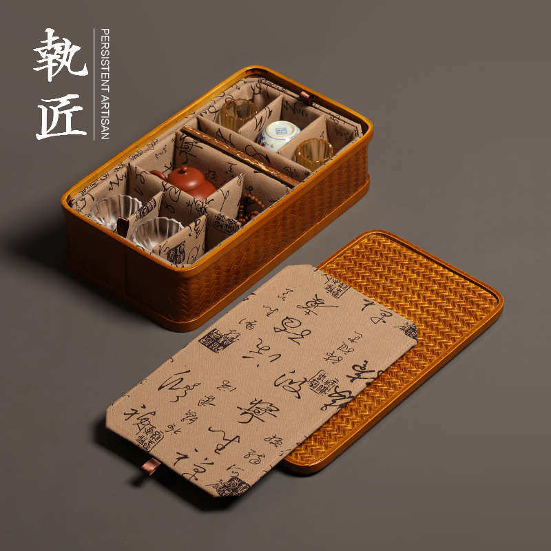 手工竹编收纳盒带盖长方形整理盒子分格防尘茶具收纳筐新中式复古