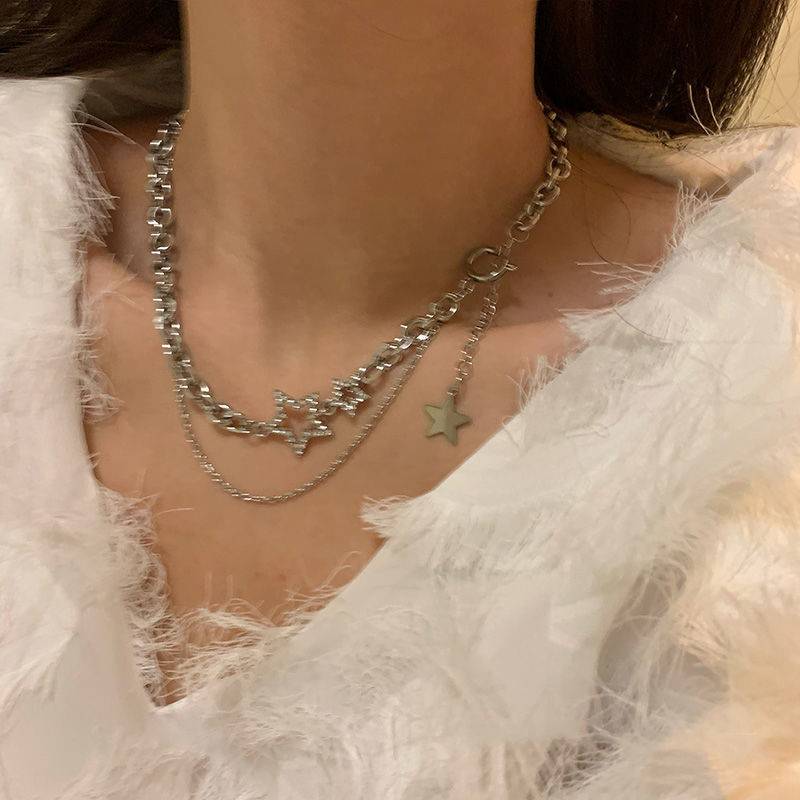 YH~高级感星星双层项链女冷淡风ins嘻哈短款锁骨链潮气质链条颈链图片