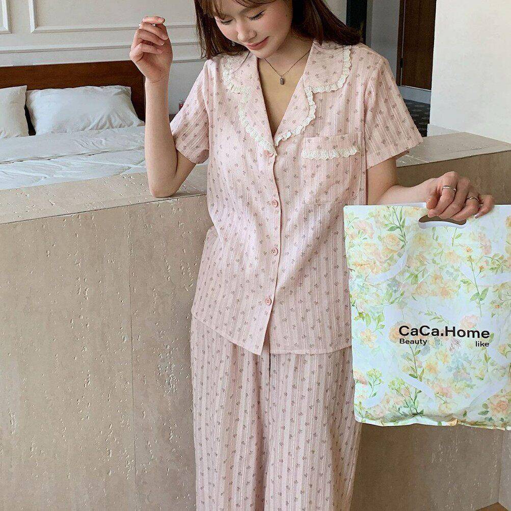 1173甜美公主碎花睡衣女夏带杯垫纯棉套装短袖长裤蕾丝翻领家居服