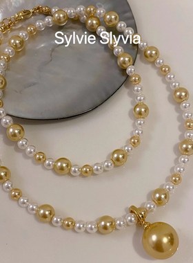 春夏高级感金珠澳白混彩珍珠毛衣项链美拉德配饰万能扣珍珠吊坠银