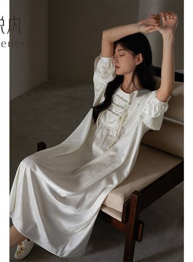 悦内睡裙女睡衣夏季冰丝绸长袖春秋款丝绸白色新中式中国风高级感