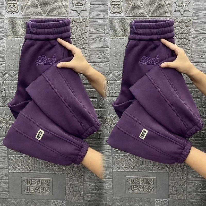 冬季新款加绒加厚休闲裤女高腰显瘦绣花运动裤小个子束脚九分裤