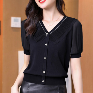 冰丝短袖t血女2025夏季新款荷叶边钉钻V领上衣套头宽松遮肚针织衫