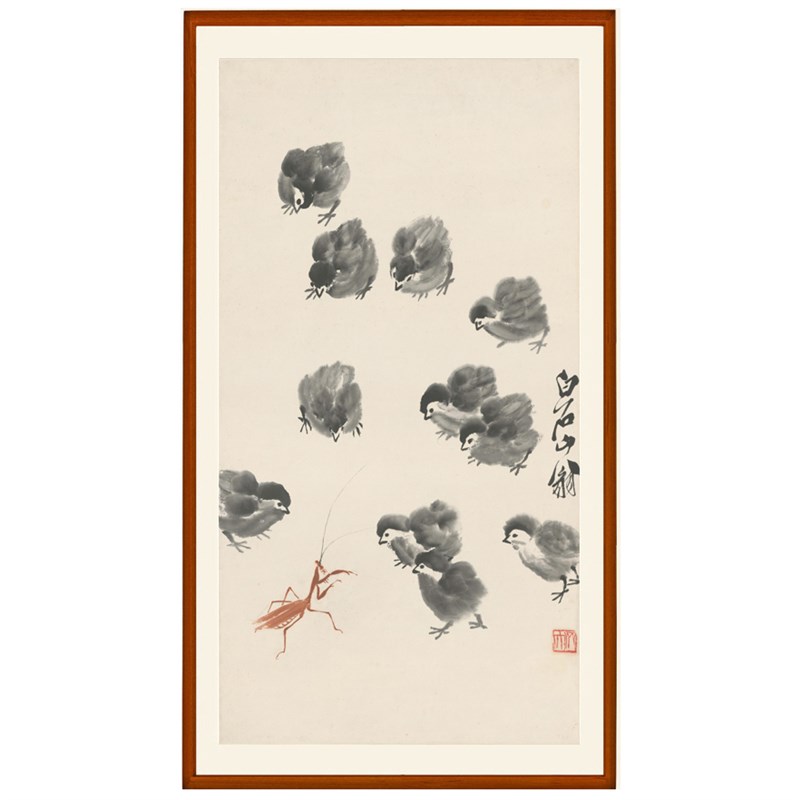 齐白石装饰画国画水墨画新中式雏鸡图客厅挂画版画字画竖版卷轴画