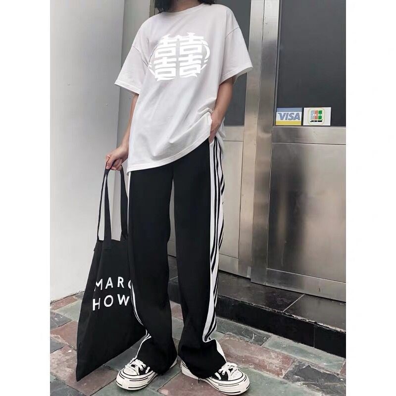 孕妇裤子宽松运动k阔腿裤2021春夏韩版休闲侧条纹直筒外穿长裤夏