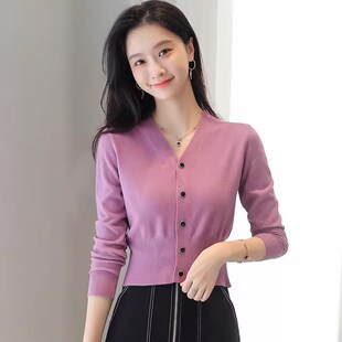 v领薄款针织开衫女秋季毛衣外套气质小衫 小个子短款洋气卡腰上衣