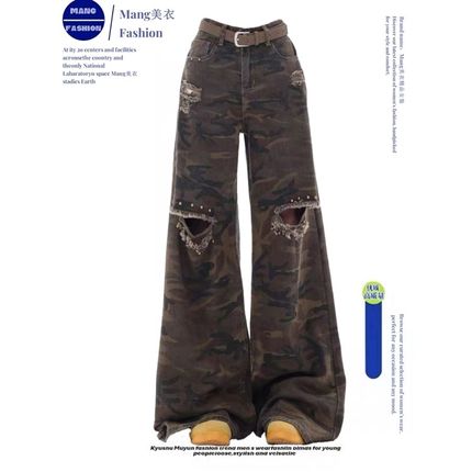 175高个子加长美式复古做旧迷彩破洞牛仔裤女春季高腰宽松阔腿裤