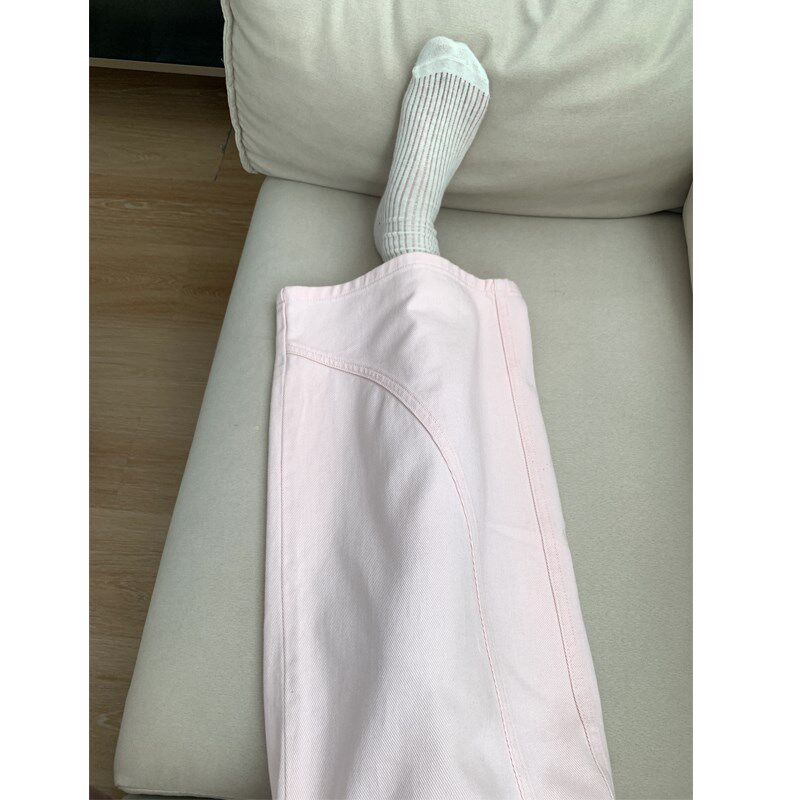 粉色阔腿牛仔裤女夏季薄款胖mm梨形身材宽松显瘦慵懒风垂感弯刀裤