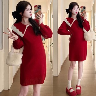 孕妇装秋冬装针织连衣裙上衣2023新款冬K装套装时尚圣诞红色毛衣