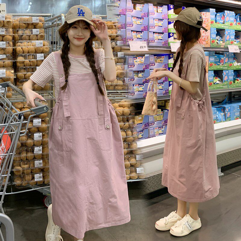 孕妇夏装套装2025新款条纹短袖t恤+背带裙子宽松U两件套韩版连衣