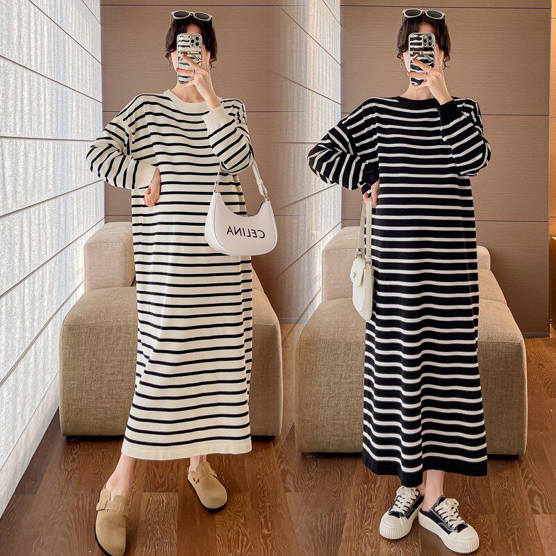 孕妇装春装长袖条纹针织连衣裙宽松大码休闲怀Q孕裙子春季孕妇裙