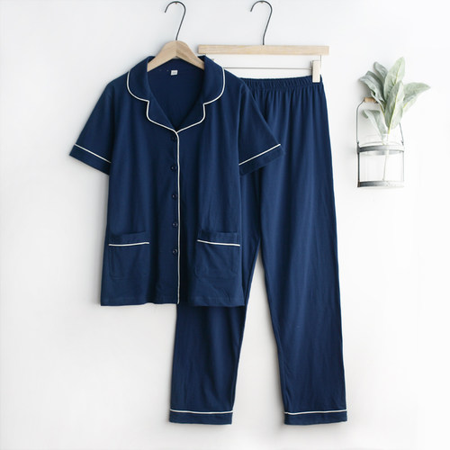 简约系~睡衣男女春夏季纯棉针织薄款宽松短袖长裤情侣家居服套装