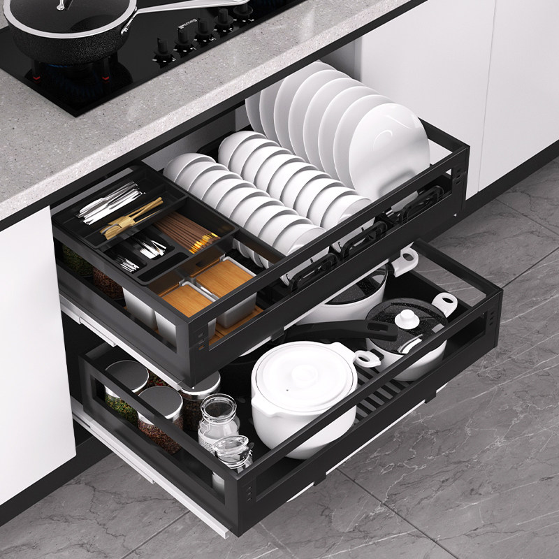 拉篮厨房橱柜不锈钢双层抽屉式调味料收纳篮碗架碗篮内置橱柜碗碟,家装主材,拉篮,淘宝优惠券,粉丝福利购,淘宝优惠卷