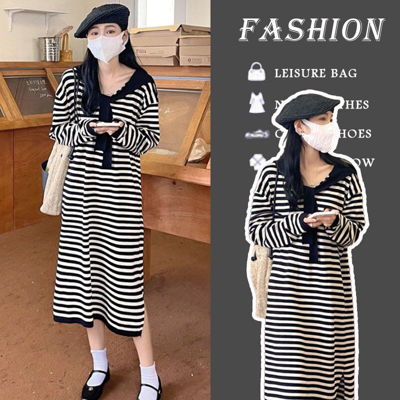 孕妇连衣裙春秋2025新款韩版黑色条纹宽松休闲时尚针织连帽中长款
