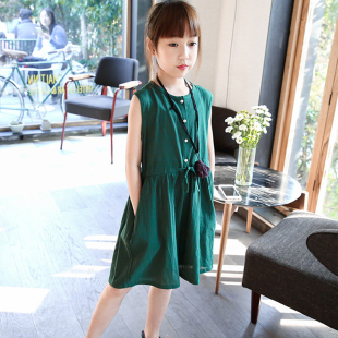 女童连衣裙夏季 女大童洋气百褶纯色棉麻公主裙子薄款 夏装 2021新款