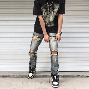 FOG高街小脚裤 潮流破洞牛仔裤 裤 复古修身 怀旧 男宽松直筒休闲长裤