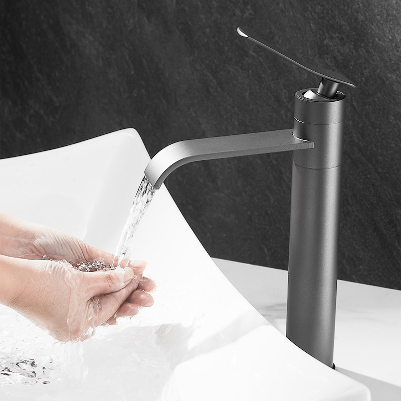 枪灰色全铜冷热台上盆水龙头瀑布洗脸池洗手面盆可旋转加高卫生间
