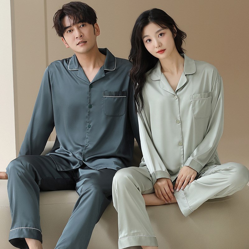 夏季情侣睡衣冰丝k绸薄款春秋天长袖长裤开衫宽松家居服两件套新