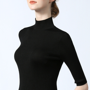 冰丝半袖 短袖 针织衫 夏季 上衣立领线衣半高领打底紧身黑 女修身 薄款