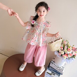 女童套装夏季2025新款儿童夏装洋气时髦女宝宝可爱甜美花边两件套