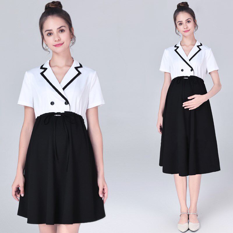 孕妇装夏季职业孕妇连衣裙女短袖白色黑色工装中长V款面试孕期裙