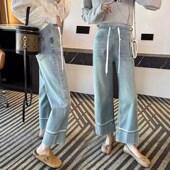 子秋装 小个子运动裤 新款 显瘦百搭直筒九分裤 外穿抽绳牛仔裤 孕妇裤