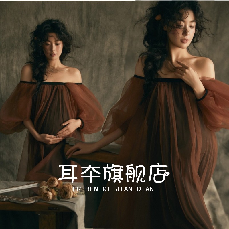 影楼孕妇拍照服装新款复古郝x本风孕妈咪写真网纱连衣裙摄影艺术