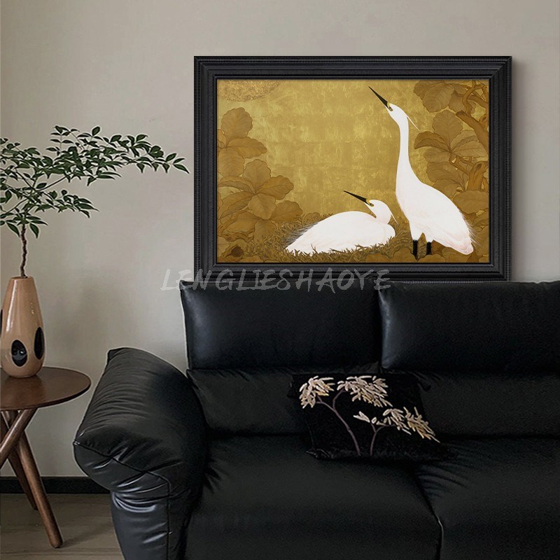 新中式动物c客厅装饰画白鹭图肌理手绘油画抽象中古风玄关横版挂图片