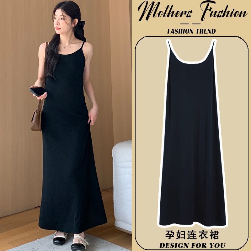 孕妇连衣裙夏季h2024新款黑色宽松显瘦冰丝针织背心吊带裙薄款无