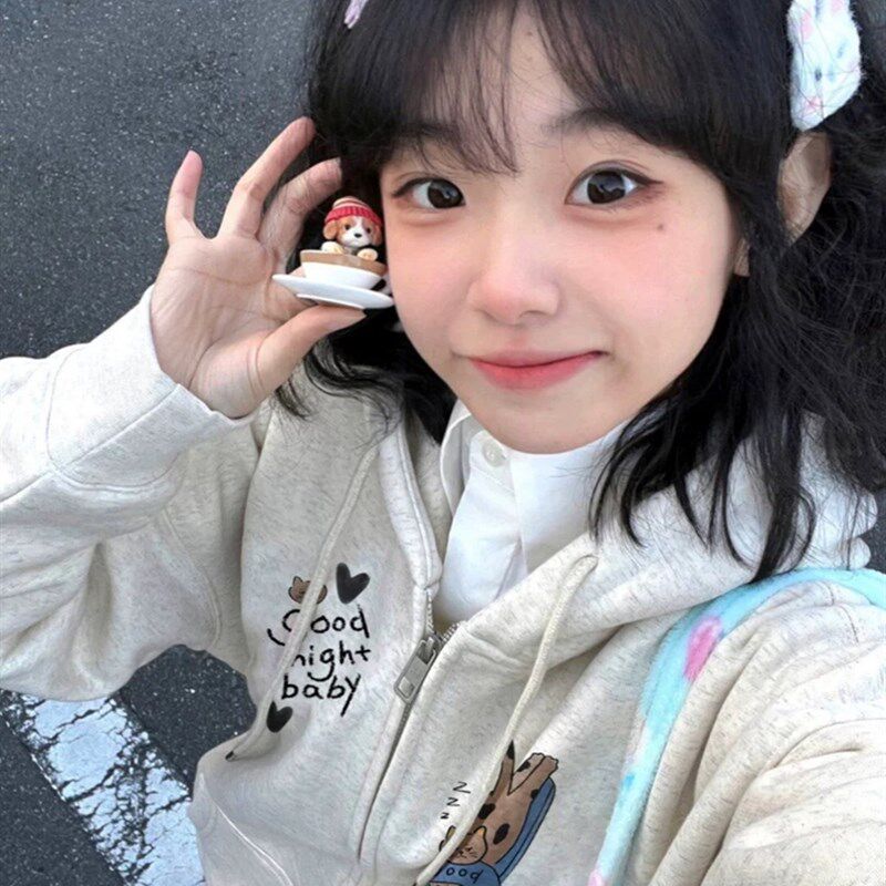 灰色连帽开衫拉链卫衣少女大童外套春秋冬高中学生宽松慵懒风上衣