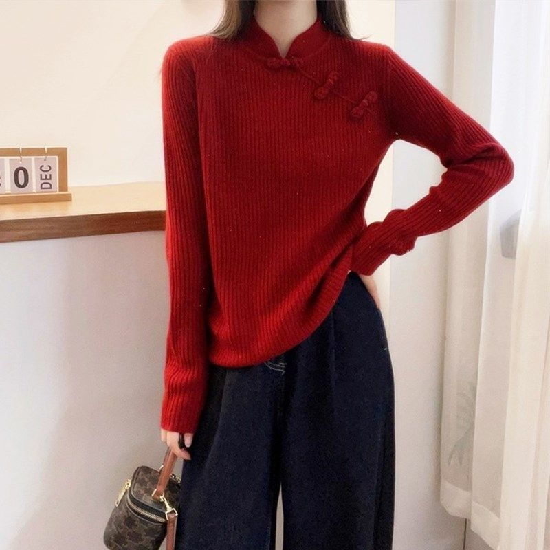 2025春新款针织衫女款新中式旗袍领盘扣羊毛长袖高级感气质上衣