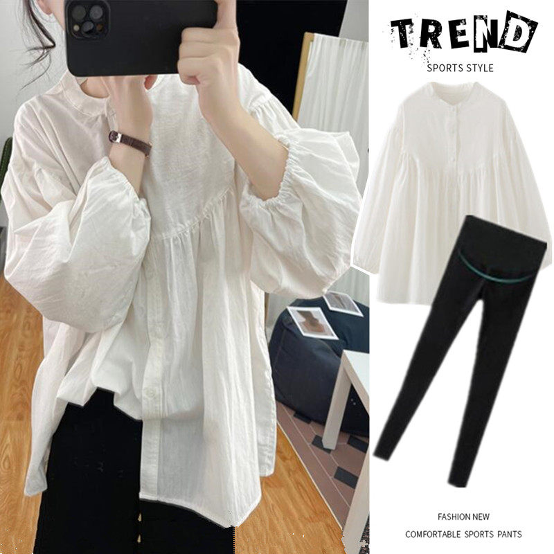 孕妇上衣b春秋新款洋气春装套装时尚款衬衫春季宽松休闲衬衣两件