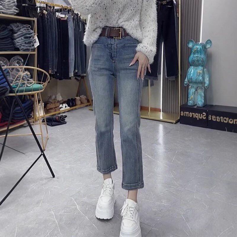 大码百搭高腰弹力修身九分窄版直筒牛仔裤春季新款显瘦遮肉烟管裤