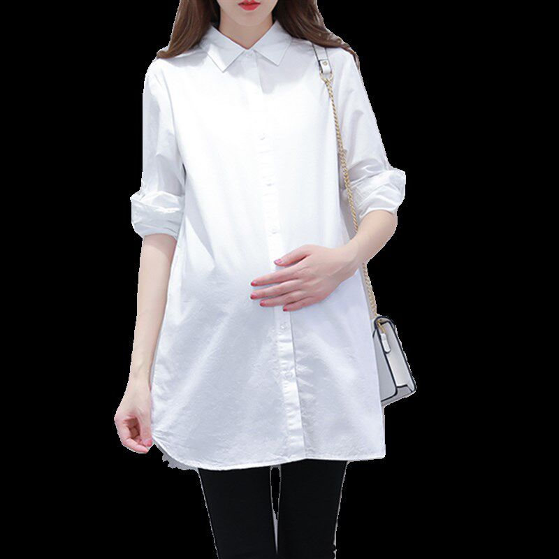 2024春装孕妇j装翻领长袖纯棉白衬衫中长款宽松大码上衣职业打底