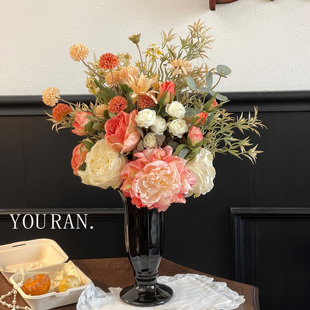 高级感逼真玫瑰牡丹绿植仿真花高端假花客厅餐桌面插花艺装饰摆件