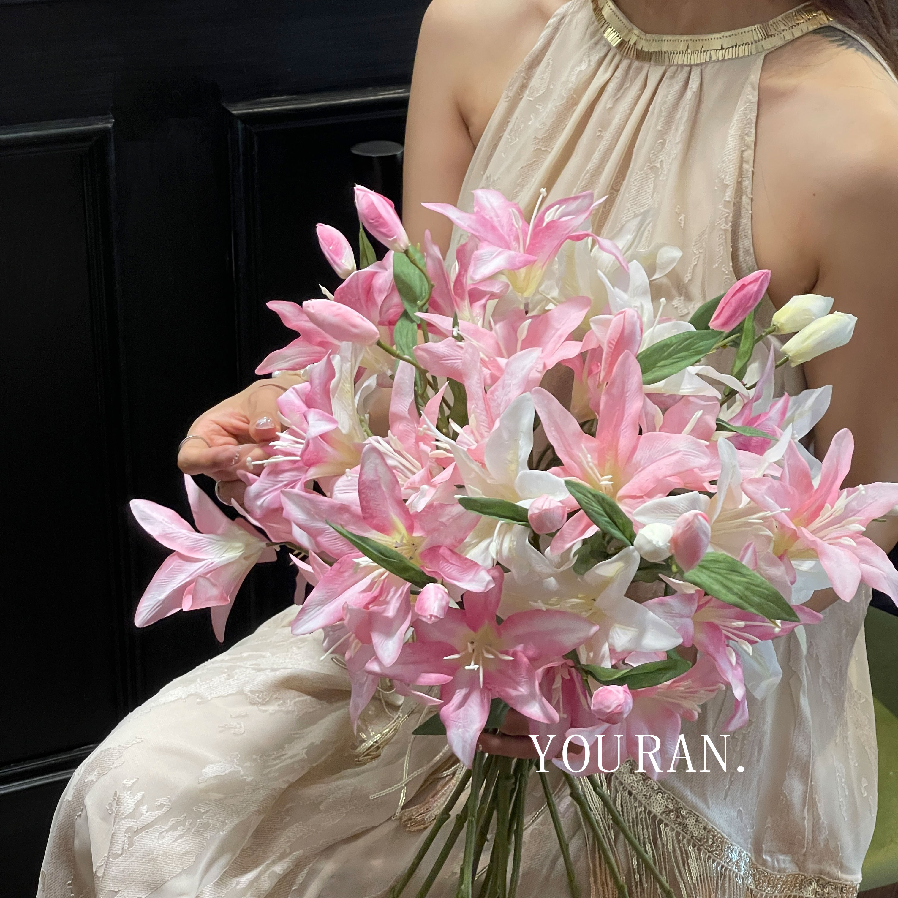 超漂亮奶油风百合花卉长枝落地