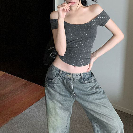 现货辣妹一字领波点短袖修身T恤女夏辣妹设计感复古短款露肩上衣